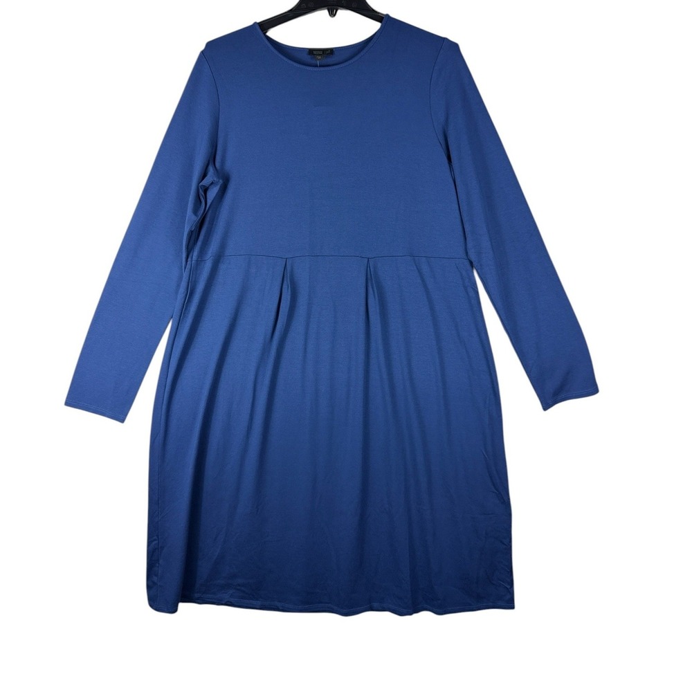 J. Jill Wearever Pleated Empire Waist Dress Womens MT Blue Long Sleeve NEW